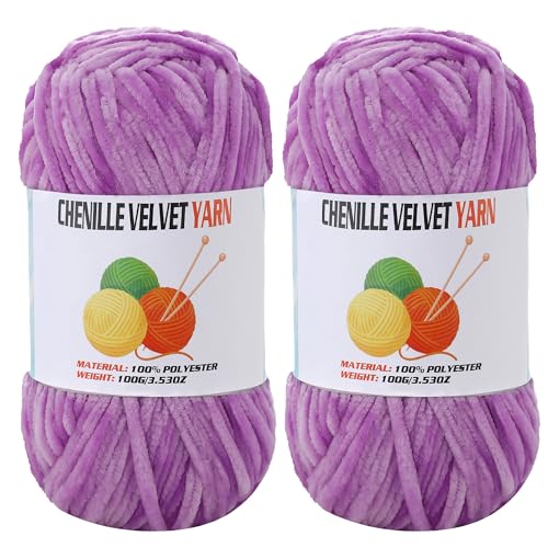 Image of 2 * 100g Velvet Chenille Chunky Yarn, Handcrafts Weaving Soft Chenille Yarn for Crocheting Clearance, Used for Making Baby Yarn Blanket, Clothes, Knitting Creations (Light-Purple)
