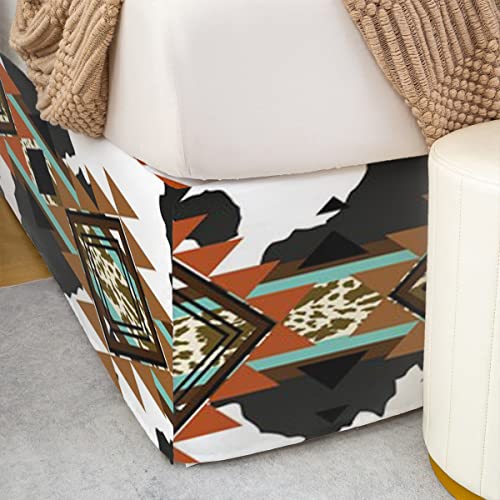 Cowhide Bed Skirt Black And White Highland Cow Print Bedding Decor,Western Bed Skirts King Exotic Aztec Bedskirt,Farmhouse Wild Animals Longhorn Skin Room Decor Cowboys Gifts For Men #TOP4