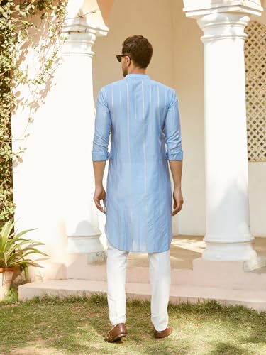 Image of See Designs Men Full Sleeve Chanderi Silk Sequins Mandarin Collar Side Slit Kurta With Pyjama