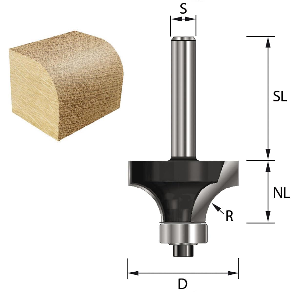 ENT 12297 Groeffrees, Schacht (S) 8 mm, Radius (R) 11 mm, Diameter (D) 22 mm, NL 16 mm, SL 32 mm, Hardmetaal, Houtbewerking, Bovenfrees