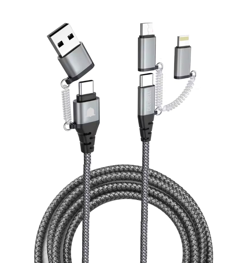 DECIBELL 6in1 マルチ USB 充電ケーブル 1本多役 多機能 多用途 多機種対応 PD(パワーデリバリー)100W 急速充電 高速データ転送 高耐久ナイロン編み シルバークレー 1メートル