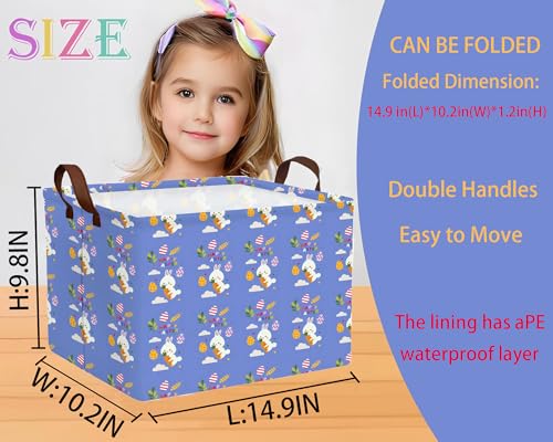 Image of Large Rectangular Easter Baskets Empty Waterproof Boy Toy Box Foldable Kid's Gifts Storage Bin Spring Room Decor(Blue Rabbit Holding Carrot Egg)