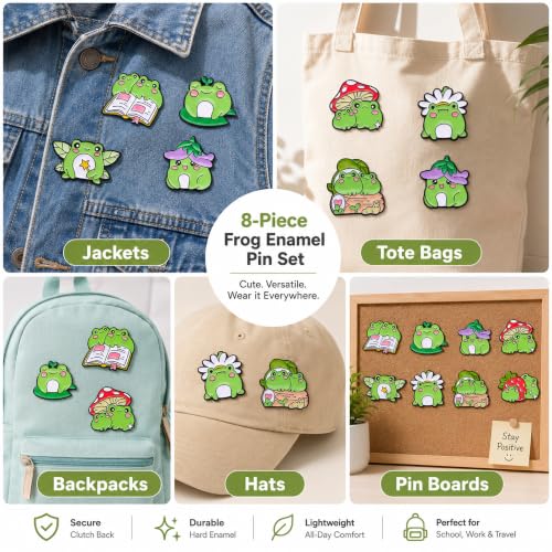 Image of 8Pcs Kawaii Frog Enamel Pin Set Cute Cartoon Frog Brooches, Lapel Pins for Backpacks, Jackets, Hats, Perfect Gifts for Women, Teens