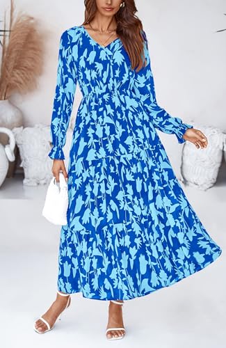 BTFBM Women Fall Dresses 2025 Casual Long Sleeve V Neck Maxi Dresses Floral Boho Long Dress Wedding Guest Dress