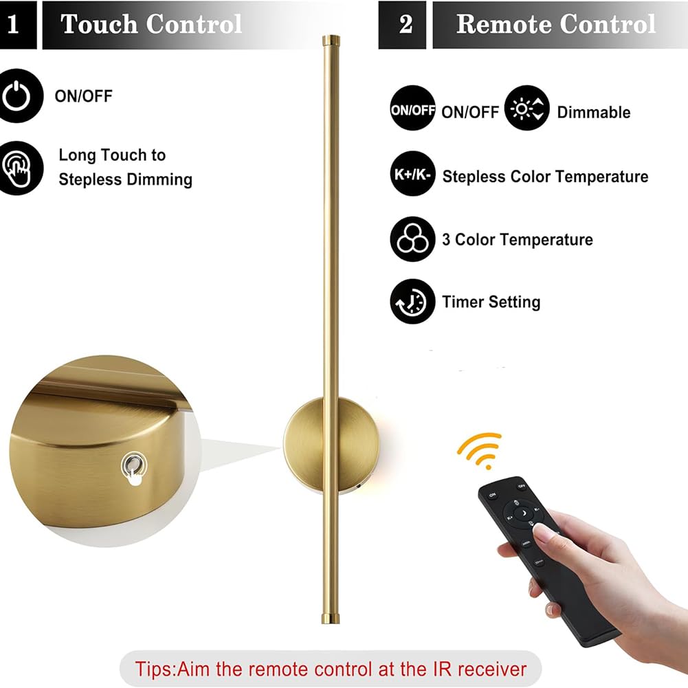 LED Wandleuchte Akku mit Fernbedienung Dimmbar Lange Wandlampe Kabellose Touch Schalter Ohne Stromanschluss Wandbeleuchtung Batteriebetrieben USB Aufladung Timer Nachttischlampe Innen,Gold,80CM
