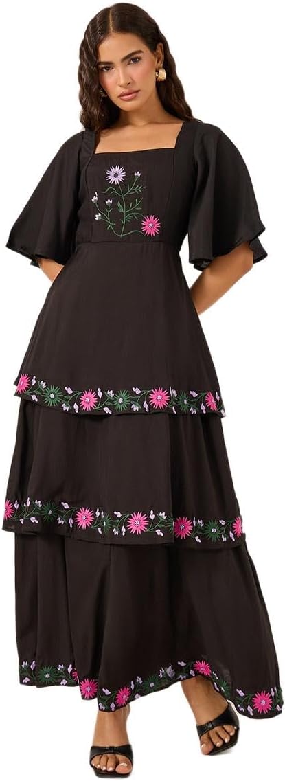 Styli Women’s Embroidered Elbow Sleeves Tiered Maxi Dress