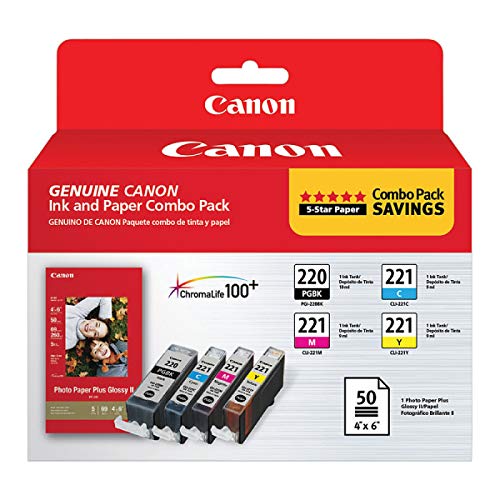 Amazon Crazy 🔥 Deals Canon PGI-220/CLI-221 ChromaLife 100+ Black/Color Ink Cartridges and PP-201 Photo Paper, Combo Pack of 4 Cartridges and 50 Sheets (2945B011)