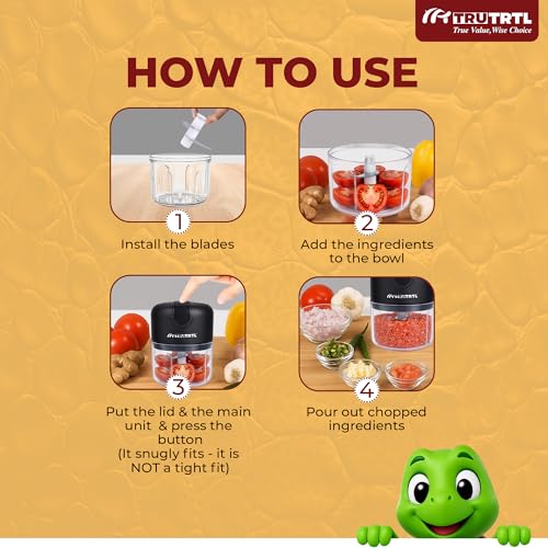 Image of Mr. TRU Smart Electric Mini Chopper for Kitchen | 1200 mAh Battery | Portable Food Processor for Onion, Tomato, Nuts & Vegetable | Multipurpose Cutter | 1 Year Warranty | 250ml (Black)