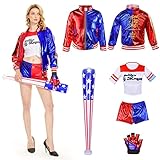 Hereneer Disfraz de Harley Quinn para Mujer, Disfraz de Harley Quinn para Chicas con Camiseta, Chaqueta, Pantalón, Guantes, Película Cosplay Suicide Disfraz de Carnaval Disfraz Halloween (L)