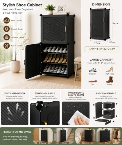 Image of LUVHOMEE Plastic Shoe Rack for Home with Door, 2-Door Shoe Storage Cabinet | 6-Shelfs for 12 Pairs | Waterproof & Portable DIY Shoe Slipper & Chappal Stand for Entryway /Bedroom -HS1-6