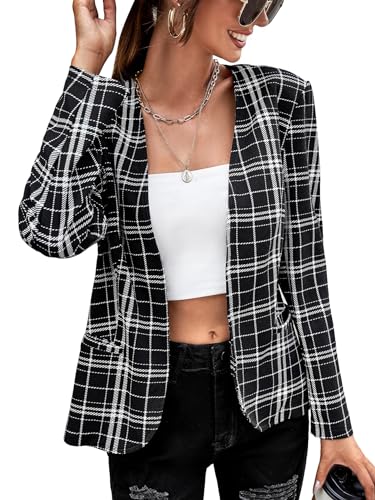 Women's Plaid Long Sleeve Open Front Blazer Casual Business Jackets with Pockets4