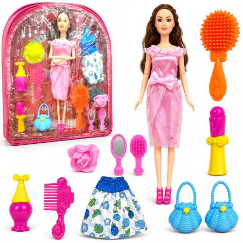 Image of SHAKTISM Doll Set for Girls with Makeup, Dress, Accessories, Wardrobe Closet, Hangers, Necklace, Multicolor, 3 Years and Up (Hello Sweety Doll (Bag)