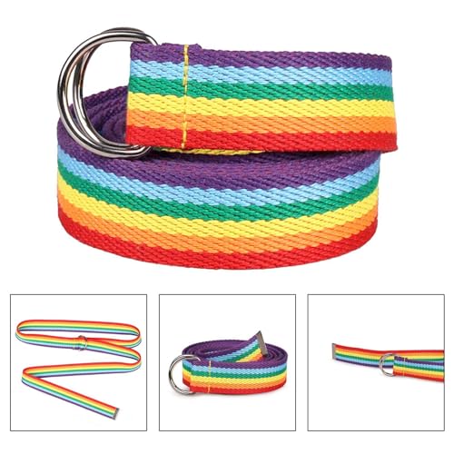 Canvas Rainbow Belt - Trendy D Ring Design Belt Men And Women, Vibrant Adjustable Canvas Belt | Fabric Belt With Doubles Buckles, Fashion Festivals Outdoor Adventures Comfortable Durables Unique Style4