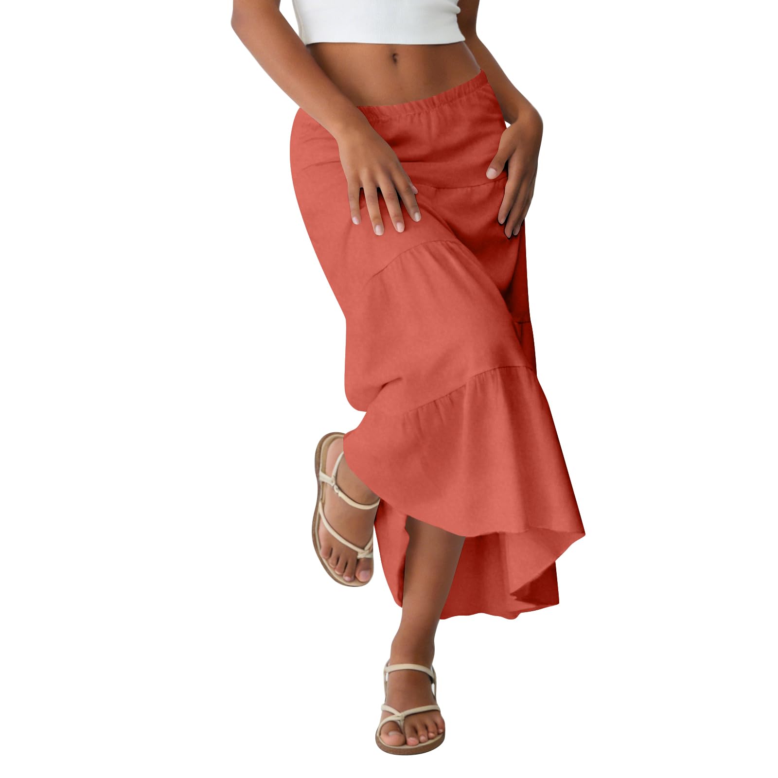 Long Skirts for Women Elastic Low Rise Maxi Skirt Pleated Stretch Summer Beach Travel Ruffle Flowy A Line