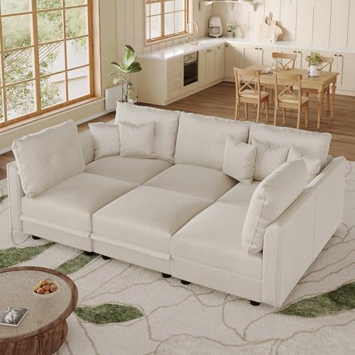 Image of LLappuil Modular Sectional Sleeper Sofa with Storage, U Shaped 6-Seat Corduroy Couch with 5 Throw Pillows, Convertible Sofa Set for Living Room & Small Space, Skin-Friendly & Soft, Beige