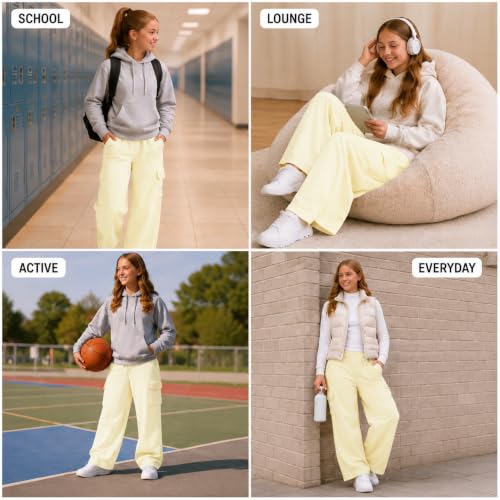Image of New Balance Girls Sweatpants - Soft Fleece Cargo Wide Leg Sweatpants Cargo Jogger Pants for Girls with Pockets (7-16)