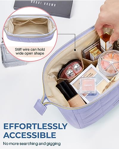 Image of BAGSMART Makeup Bag Cosmetic Bag Wide Open, Purple, M, Wide-open Travel Makeup Bag With Puffy Padded and Rectangular Quilted
