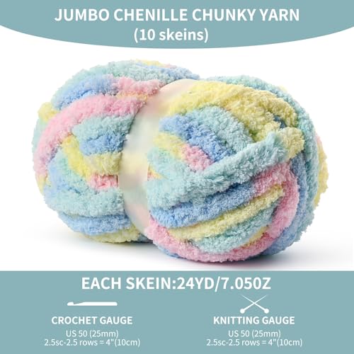 Image of 10 Pack Jumbo Chunky Yarn for Hand Knitting, Fluffy Variegated Chunky Chenille Yarn for Crocheting, 240yds /70.5oz Super Bulky Soft Crochet Baby Blanket Yarn(Candyfloss)