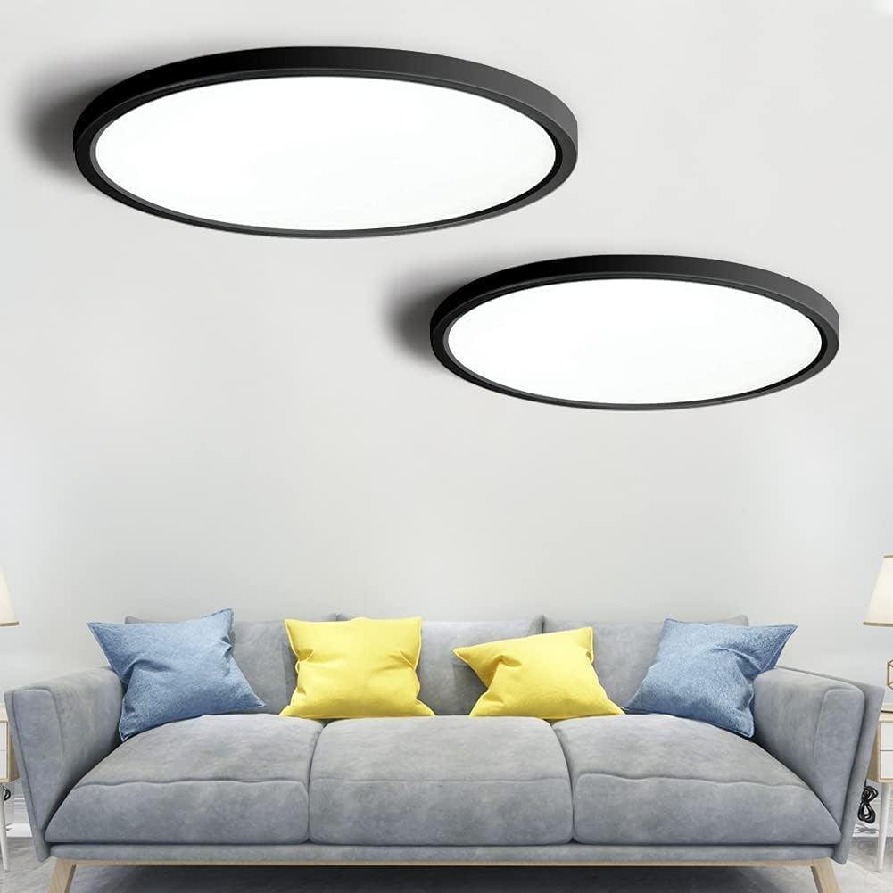 2-Pack LED Flush Mount Ceiling Light, 4000K Natural White Bathroom Light, 3200LM, Flat Modern Round Lighting, 12in/30cm 240W Equivalent Black Ceiling Lamp for Kitchens, Bedrooms, Hallway.etc