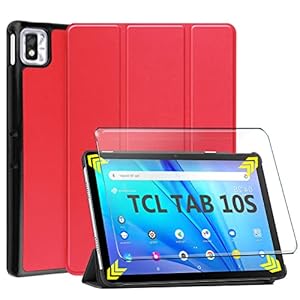 HYMY Hülle für TCL TAB 10S + 1 Pcs Schutzfolie Glass für TCL TAB 10S (10.1″) hülle – Flip Case Cover Schutzhülle Schutzfolie TCL TAB 10S Glass-Red