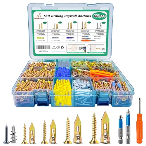 660 anclajes autoperforantes para paneles de yeso con kit de tornillos, perno de expansión de metal de 5 tamaños para pared seca, 330 anclajes de chapa y 330 tornillos, no necesita taladro