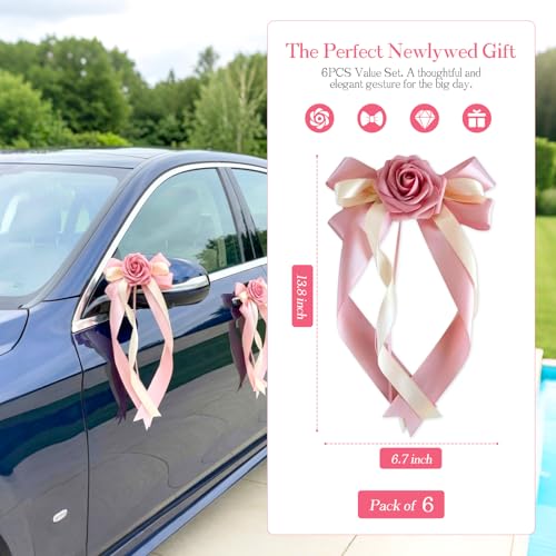 Image of 6PCS Wedding Car Door Handle Decorative Flowers, White Artificial Cars Bouquet Flower Bowknot Ribbon Decor, Just Married Automotive Decorations Accessories for Door Handles(Pink)