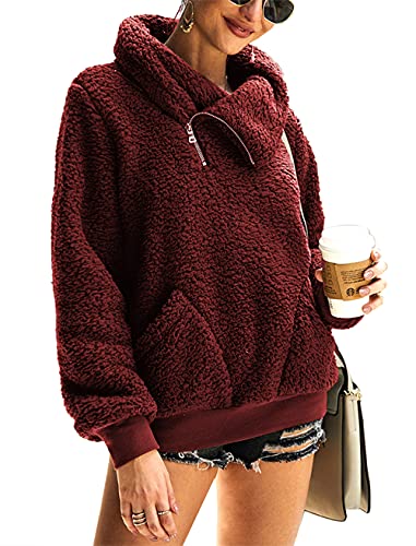 KIRUNDO Sherpa Pullover Womens Fleece Zip Sweatshirt Fall(Wine Red, XL) - image 1