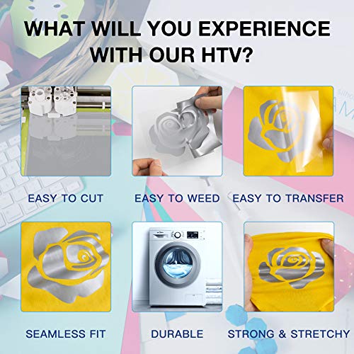 Image of HTVRONT HTV Vinyl Rolls Heat Transfer Vinyl - 12 inch x 8ft Silver HTV Vinyl for Shirts, Iron on Vinyl for All Cutting Machine - Easy to Cut & Weed for Heat Vinyl Design (Silver)