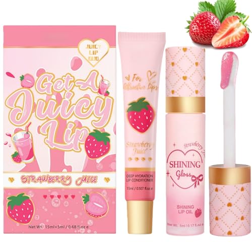 Lip Conditioner & Lip Oil Set Lip Plumper Gloss Makeup Hydrating and Nourishing Treatment Natural Moisturizing Treatment for Dry Chapped Lips Lip Gloss Balm For Dry and Chapped Lips(Strawberry)