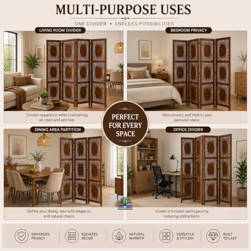 Image of Wooden Room Divider Partition for Living Room | Foldable 4 Panel Decorative Privacy Screen Separator for Home, Office & Bedroom | Modern (Sun Brown)
