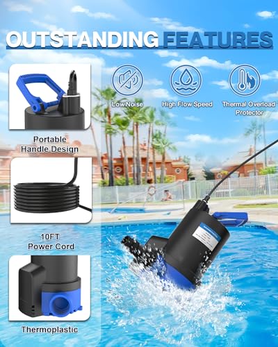 Agiiman PUMP2450GPH Submersible Water Pump, 2450Gph 1/3Hp Sump Pump With Check Valve Adapter & 10Ft Power Cord, Water Pump For Basements, Pool Fountains, Hot Tub thumb #6