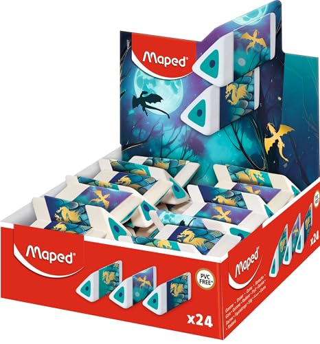 Maped - Display Controsoffitto 24 gomme piramidi Drago - Gomma Bianca Accurata e Confortevole - Design Scaglie Metallizzate - Imballaggio Riciclabile - Fornitura scolastica