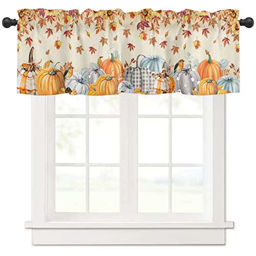 Pumpkin with Maple Leaves Valance Curtains for Kitchen or Bathroom, Valances Window Treatment Rod Pocket Drape 54x18inch Light Filtering Living Room Bedroom Decor Fall Thanksgiving