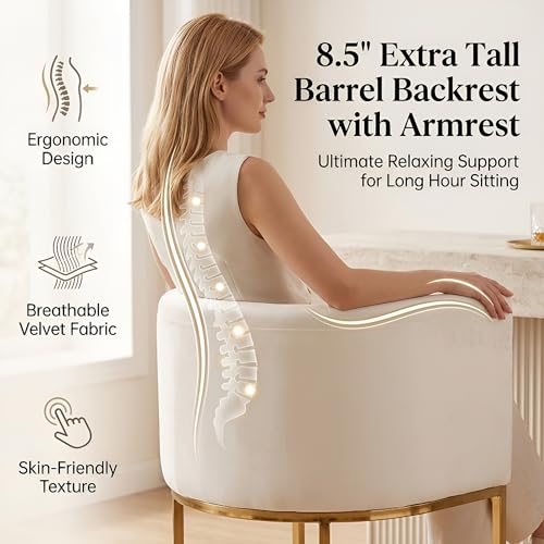 Image of HNY Modern Barrel Counter Height Clearance Bar Stools Set of 4, 24 Inch Velvet Kitchen Barstools with Back for Island, with Gold Metal Tubular Frame, Ivory