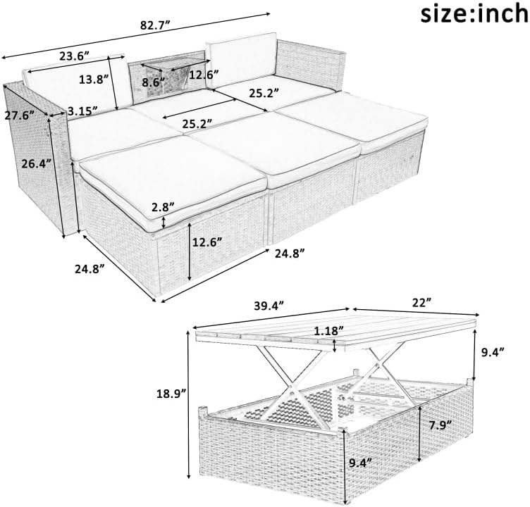 5-Piece Outdoor Furniture Set All-Weather Wicker Patio Conversation Sets Patio Wicker Sofa with Adustable Backrest, Cushions, Footstool and Lift Top Coffee Table