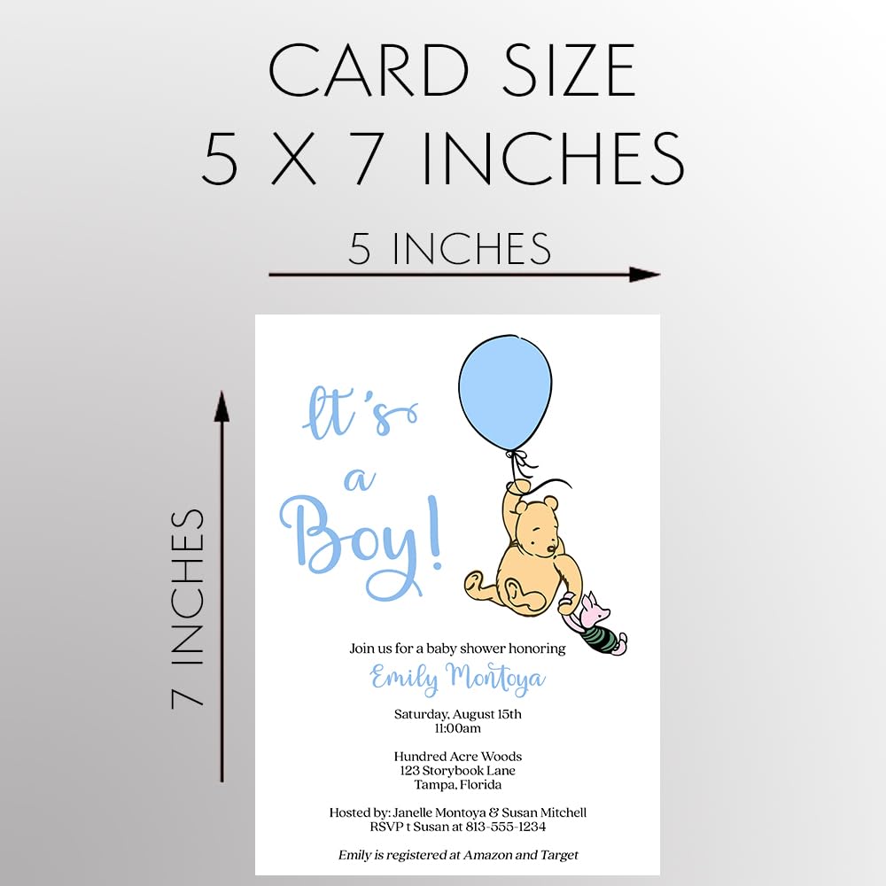 Winnie the Pooh Baby Shower Invitation Pooh Bear Vintage Nostalgic Blue Boy Balloon Custom Printed Personalized Customized (12 count)