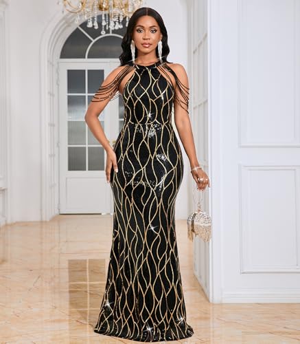 Image of Cololura Women Sexy Elegant Sequin Tassel Off Shoulder Halter Bodycon Maxi Dress Party Evening Gown Formal Dress
