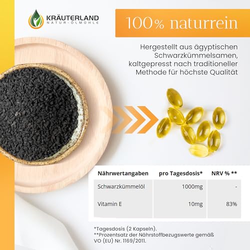 Kräuterland Schwarzkümmelöl Kapseln 420 Stück, hochdosiert (1000mg pro Tagesdosis), 100% Nigella Sativa, Omega Fettsäuren, ohne Zusatzstoffe, hoher Thymochinon, Deutsche Premium Qualität