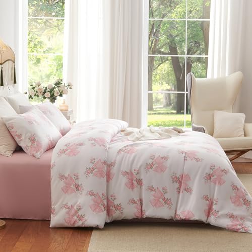 Image of Nayoroom Pink Bow Duvet Cover Queen Size Coquette Pink Floral Duvet Cover 3 Pieces Soft Lightweight Microfiber Girls Cute Aesthetic Dorm Bedding Set