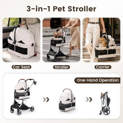 Image of T3 Pro Small Dog Stroller (Beige & Net Wall) | Detachable Carrier, 3-in-1 Stroller, Lightweight, Breathable Mesh Fabric, One-Button Braking, Easy to fold