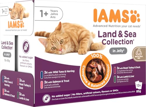 IAMS Delights Land & Sea Collection Katzenfutter Nass - Multipack mit Fleisch und Fisch Sorten in Gelee, Nassfutter für Katzen ab 1 Jahr, 12 x 85 g (Die Verpackung kann variieren )