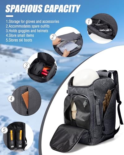 Image of Ski Boot Bag Black Ski and Snowboard Boots Backpack for Ski 60L Vacuum Travel Backpacks with Pump Waterproof Snowboard Boot Bagfor Helmet, Goggles, Gloves, Skis, Snowboard & Accessories
