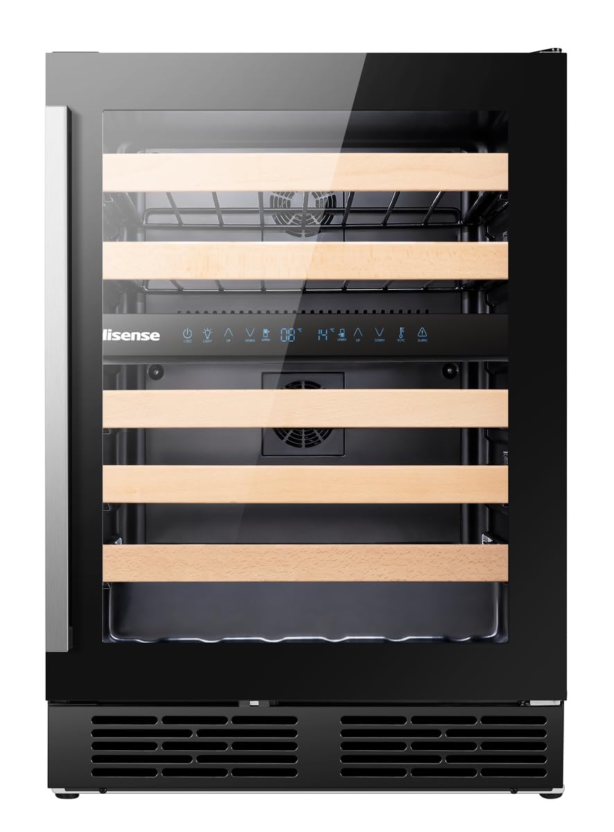 Hisense RW17W4NWLG0 Weintemperierschrank, Kapazität bis zu 46 Flaschen, Glastür mit UV Schutz, LED Innenbeleuchtung, Türanschlag wechselbar, schwarz
