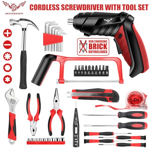 Image of Household Tool Set with 3.6V USB Electric Screwdriver, 43 PCS Home Tool Kit with Cordless Lithium-ion Drill Driver