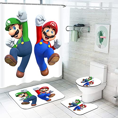 Fgolphd Mario Duschvorhang, Anime Mario Duschvorhang 180x200, Bunt Cartoons Shower Curtains Wasserdicht Badezimmerteppich 4-teiliges Set (180 * 180,13)