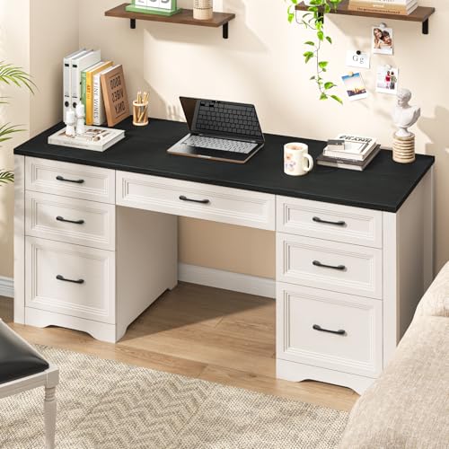 Image of Vabches Farmhouse Executive Desk, Wood Home Office Desk with 2 Large File Drawers and 5 Storage Cabinets, Rustic Writing Desk for Work and Study, Black