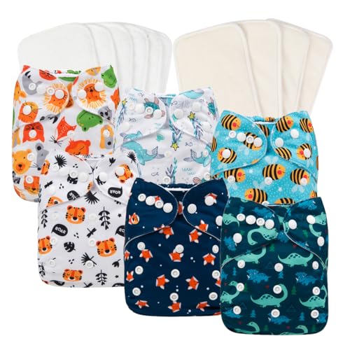 Image of babygoal Reusable Cloth Diapers 6 Pack with 10pcs Inserts, One Size Adjustable Washable Pocket Nappy Covers for Baby Boys and Girls 6FB12