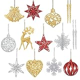 CONTENIDO DEL PAQUETE: Conjunto de 13 adornos colgantes en total (estilo plateado: bola + copo de nieve 3D + flor + hoja + carámbanos, estilo dorado: melocotón + corazón + ciervo + jingle + carámbanos, estilo rojo: estrella + octágono + bola), las cuerdas son incluido
