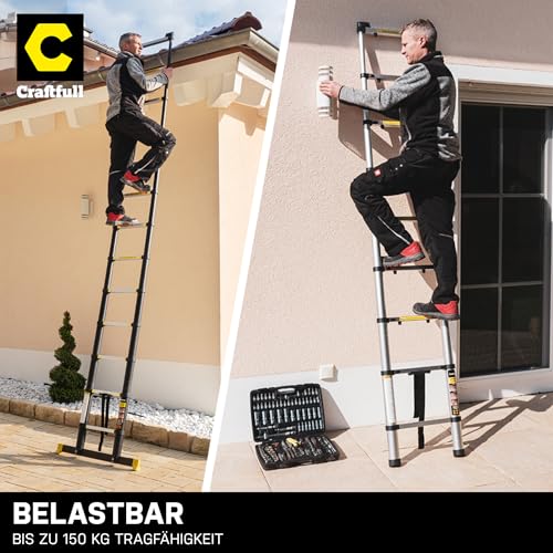 𝐂𝐑𝐀𝐅𝐓𝐅𝐔𝐋𝐋 Aluminium Teleskopleiter CF-101A | 𝟑 𝐉𝐀𝐇𝐑𝐄 𝐆𝐀𝐑𝐀𝐍𝐓𝐈𝐄 - Trittleiter - Leiter ausziehbar - Stehleiter - Ausziehleiter - Alu Anlegeleiter (2.6 Meter)