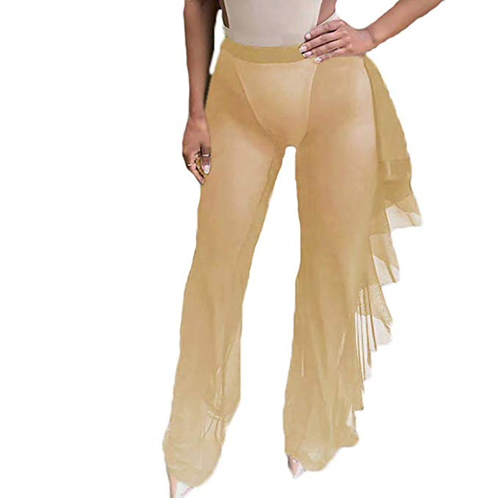 Rongcheng Huishang Women's Perspective Sheer Mesh Sexy See Through Ruffle Long Pants Swimsuit Bikini Bottom Cover up